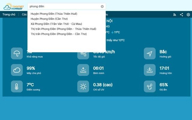 Tra cứu tin tức thời tiết Phong Điền Thừa Thiên Huế