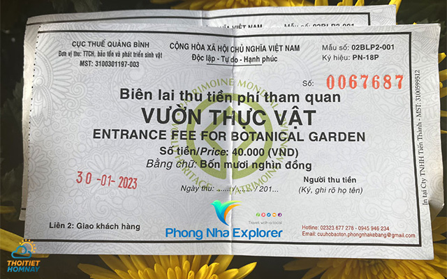 Biên lai thu tiền phí tham quan Vườn Thực Vật