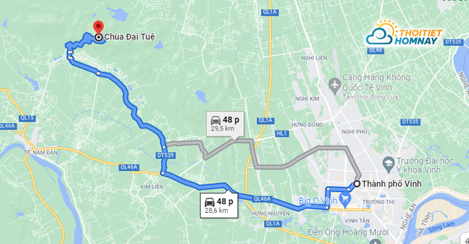 Đường di chuyển đến chùa Đại Tuệ từ thành phố Vinh 