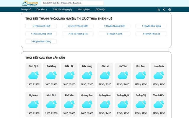 Cập nhật thông tin dự báo thời tiết xã/huyện tại Huế và tình thành lân cận