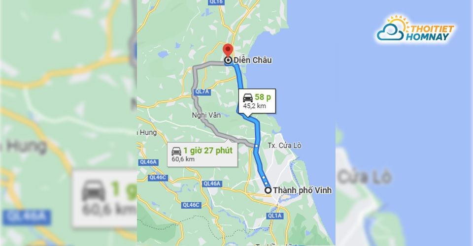 Thời gian di chuyển từ Vinh đến Diễn Châu Nghệ An khoảng 58 phút 